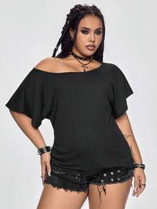 ROMWE Grunge Punk Summer Music Festival Sexy Asymmetric Neck Asymmetrical Ripped Design Loose T-Shirt For Plus Size Women, Reversible - Black - View 6