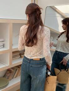 DAZY Women's Summer Round Neck Long Sleeve Fitted Lace Textured Sheer Open Front Casual T-Shirt - Apricot - View 5