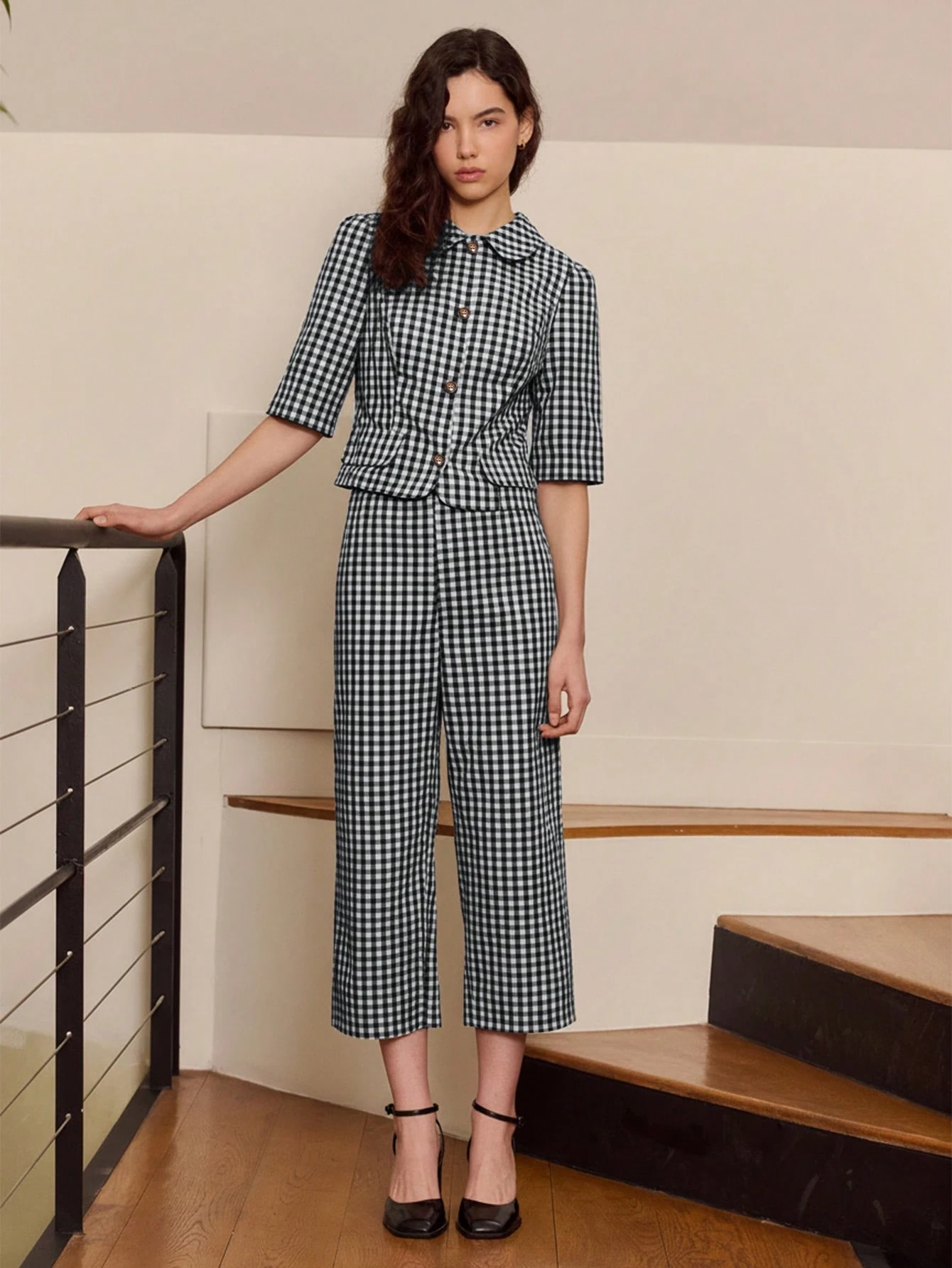 Black Gingham Wide-Leg Cropped Trousers Cute Vintage Style Spring Summer Going Out
