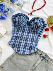 Soleia Women's Summer Casual Vacation Style Patterned Print Frill Trim Fitted Criss-Cross Back Tube Top - Blue - View 4