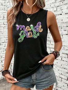 SHEIN LUNE Lässiger minimalistischer Stil Pailletten bunte Karneval Buchstaben Muster Schwarz 95% Baumwolle Damen Tank Top, vielseitig, geeignet für Frühling/Sommer Karneval - Schwarz - Übersicht 5