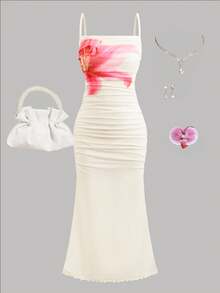 SHEIN 少女针织网眼印花褶皱紧身吊带裙 - 白色 - 查看 3