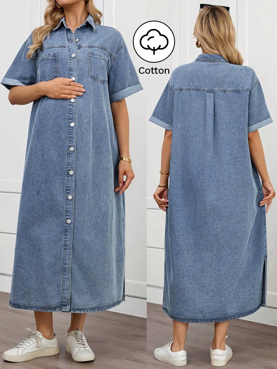 SHEIN Vestido de maternidad casual de manga corta con cuello, botones y bolsillo, de mezclilla para uso diario - Azul - Ver 1