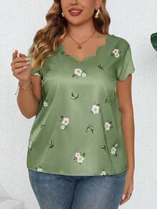 Reflora Camisa de verano de talla grande con ribete de concha y estampado tejido - verde menta - Ver 2