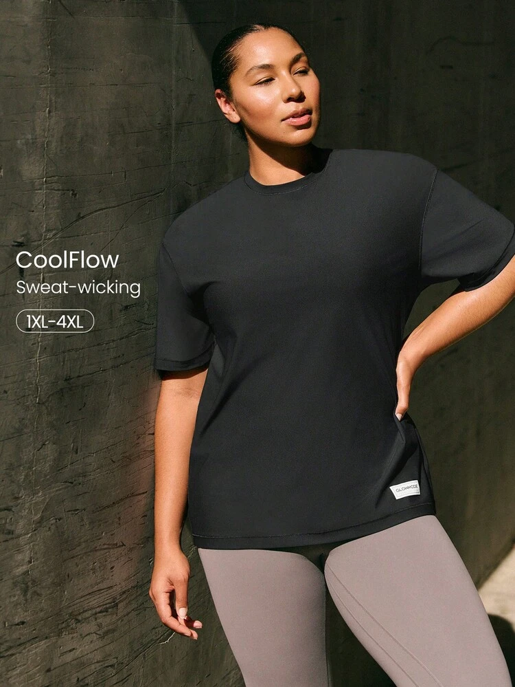 Plus Size Big Easy Cooling Moisture-Wicking Quick-Dry Relaxed Fit Hip Length Crewneck T-Shirt Gym Workout Studio Daily Casual Wear