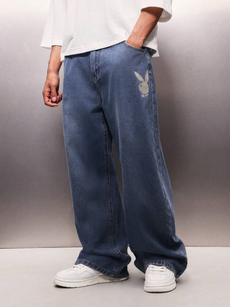 PLAYBOY X SUMWON Men's Relaxed Baggy Logo Denim Jeans Wide Leg Casual Streetwear Medium Wash Blue Pants