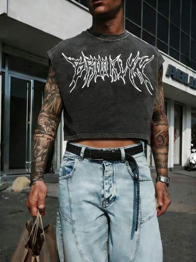 GENIUS ODE Áo tank top ngắn dáng rộng in chữ, chất liệu denim mài, phong cách thường ngày cho nam giới, thích hợp mặc đi làm, mùa hè.