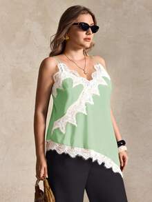 Elegantrix Plus Size Women Urban Casual Lace Asymmetric Hem V-Neck Patchwork Solid Color Short Camisole - Mint Green - View 4