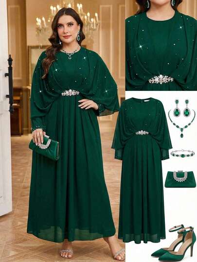 Reflora Plus Size Women Solid Color Beaded Waist Rhinestone Decor Elegant Dress Green Plus Size Dress Islamic Dress,From Spring To Summer,Summer Dresses For Women , Summer Outfits, Summer Holiday Outfits,Summer Clothes,Spring Outfit Women, Spring Dress, Carnival Women Look 2026,Carnival Outfit,Carnival Costumes,Party Dress, Elegant Dresses For Party, Party Dresses For Women, Elegant Party Dresses For Women, Long Party Dresses,Wedding Guest Dress For Women, Wedding Party Dress, Wedding Guest Dress, Weddings & Events,Luxury Evening Dresses For Weddings, Bridesmaid Dress, Dress For Wedding Guest, Wedding Guest Party Dress, Elegant Dresses For Ladies, Vacation Outfits Women, Holiday Outfits For Women, Summer Holiday Outfits,Resort Wear Women,Summer Vacation Outfits, Casual Long Dresses , Sparkly Dress,Mother Of The Bride Dresses For Wedding,2026 New,Suitable For Every Occasion Green Abaya Modest Dress Abaya Dress  Green Elegant Dress Women Abaya For Women Dubai Dress Modest Muslim Dress For Women