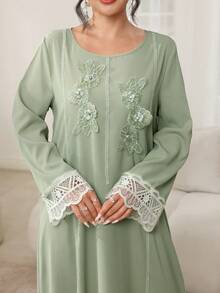 Graceveil Fashionable Casual Loose Round Neck Applique Long Sleeve Flared Elegant Modest Dress - Green - View 2