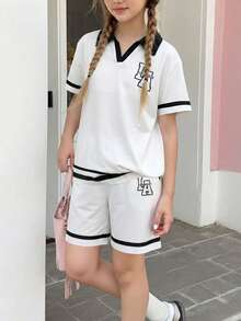 Sparklyn Teenage Girls' Retro LA Letter Print Polo Collar Knit T-Shirt & Shorts Set,Black And White Athletic Summer Back-To-School Graduation Casual Loose Top - White - View 3