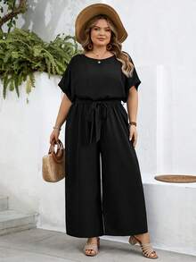 SHEIN CURVE+ Kích cỡ US22 (dành cho người có đường cong cơ thể) Bộ jumpsuit nữ phong cách Bohemia thanh lịch, cổ tròn, ôm sát, ống rộng, thích hợp cho lễ hội âm nhạc, kỳ nghỉ bên bờ biển. - màu đen - Xem 6