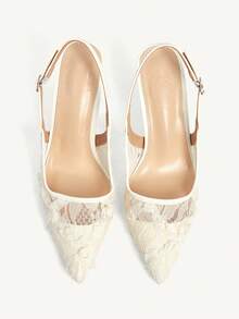 CUCCOO CHICEST 四季新款花朵网纱尖头高跟鞋性感优雅网纱女式高跟鞋露跟性感优雅时尚下午茶派对Hunliji百搭服饰 - 米色 - 查看 2