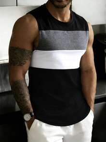 Manfinity Homme Men's Black And White Striped Summer Casual Tank Top,Fashionable Street Hip Hop Style Color Block Sleeveless Tee,Classic Fit Round Neck Work T Shirt - Black - View 3