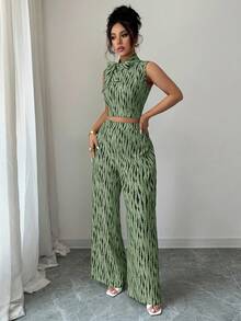 Elenzga Bộ 2 món thời trang thường ngày thanh lịch với thiết kế nơ cổ áo dành cho nữ. - màu xanh lá - Xem 5