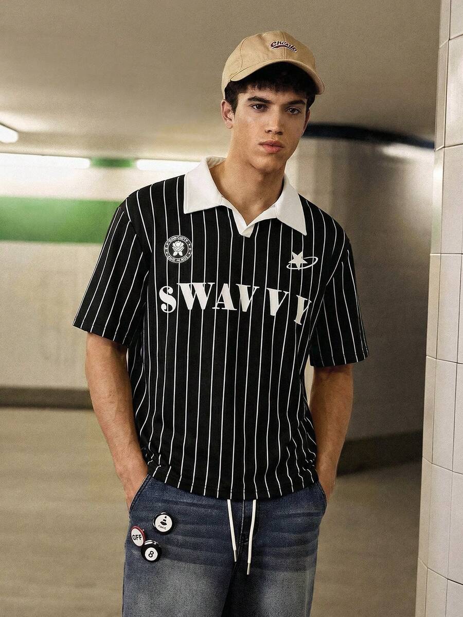 SWAVVY 男士标准尺码休闲条纹Polo衫，短袖，黑白印花 - 黑色 - 查看 1