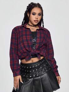 ROMWE Grunge Punk Plus Size Dark Punk Plaid Plus Size Boyfriend Style Shirt - Burgundy - View 1