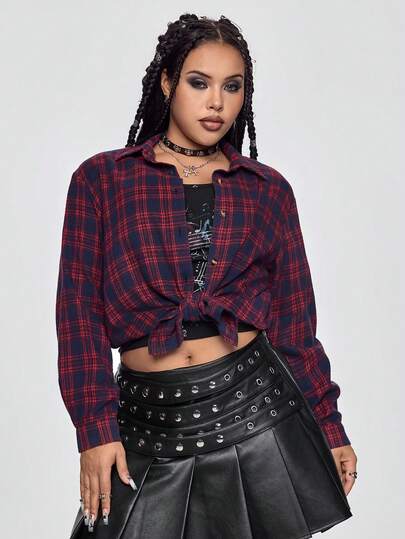 ROMWE Grunge Punk 加大码暗黑朋克格子男友风衬衫