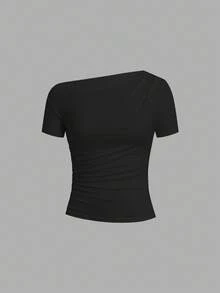 Ellevyn Camiseta elegante de punto elástico de manga corta con pliegues asimétricos y unicolor para mujer, primavera/verano - Albaricoque - Ver 5