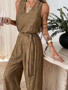 Livesso Halter Neck Textured Waist Sleeveless Jumpsuit For Women, Vacation - Green - View 5