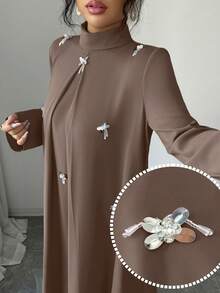 Yasmyna Women's Stand Collar Raglan Sleeve Loose Arabic Style Dress - Coffee Brown - View 1