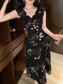 DAZY Women's Elegant Floral Print Ruffle Trim Square Neck Dress, Summer - Black - View 3