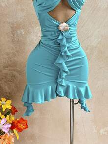 Soleia 女士度假性感露背系带镂空荷叶边贝壳装饰不对称荷叶边下摆迷你连衣裙，适合春夏海滩、邮轮、城市度假 - 水鴨藍 - 查看 4