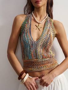 Bohemela Boho Spring/Summer Outerwear, Vintage Women's Tie-Neck Backless Colorful Sexy Patchwork Knit Sweater, Halter Knit Top, Versatile For Dates And Parties, Valentine For Women, Western Country Style Concert Party, Suitable For Beach Vacation & Daily Wear & Back To School & Going Out & Party, 2000s, Summer Holiday - Multicolor - View 5