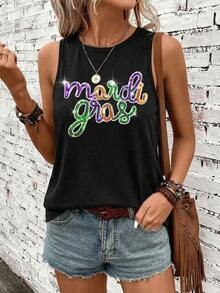 SHEIN LUNE Lässiger minimalistischer Stil Pailletten bunte Karneval Buchstaben Muster Schwarz 95% Baumwolle Damen Tank Top, vielseitig, geeignet für Frühling/Sommer Karneval - Schwarz - Übersicht 6