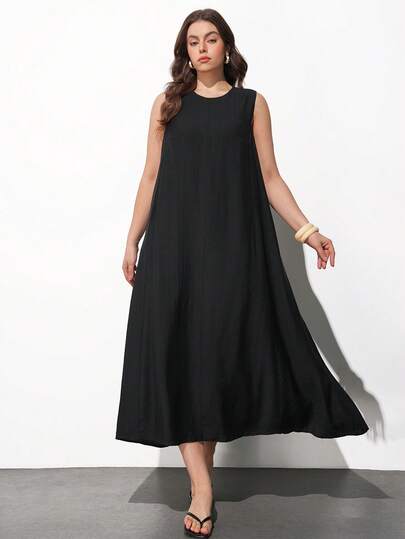 Maija Đầm cỡ lớn màu trơn cổ tròn không tay phong cách vintage dành cho phụ nữ trung niên, giáo viên, lãng mạn, thời trang, đa năng, thích hợp cho mùa hè, dự tiệc, đi biển, nghỉ lễ, đi chơi, tốt nghiệp, thanh lịch, thường ngày, trang phục công sở, đầm thường ngày cho nữ, đầm mùa hè Zanzea cho nữ cỡ lớn.
