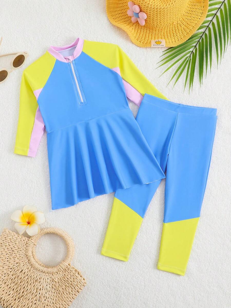SHEIN Cute Baby/Baby Girl2 Pieces Swimsuit With Fish Scale Pattern, Long Sleeve Top And Long Pants - Multicolor - View 1