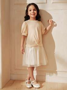 SHEIN 女童纹理针织前扭网拼接A字连衣裙 - 杏色 - 查看 6