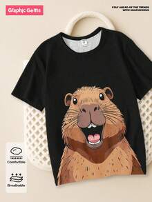 SHEIN Áo thun tay ngắn in hình Capybara hoạt hình sáng tạo thường ngày cho bé trai tuổi teen, phong cách cơ bản thoải mái - Nhiều màu - Xem 8
