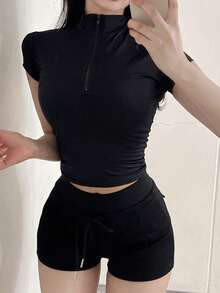 DAZY 女士修身Polo领短袖T恤 夏季 - 黑色 - 查看 5
