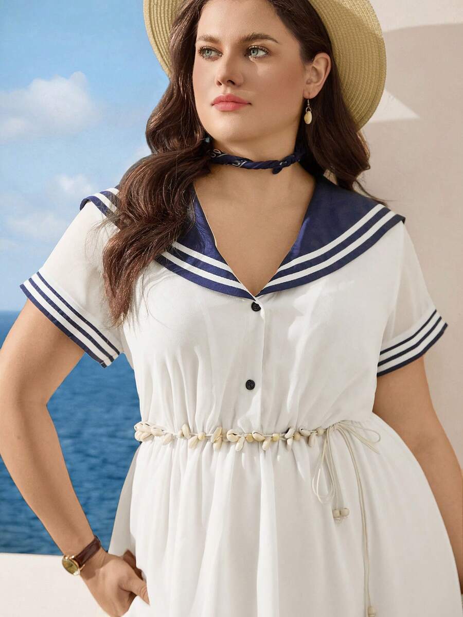 Zelara 大码女装夏季海军蓝翻领休闲度假连衣裙，短袖蓝白航海风女装