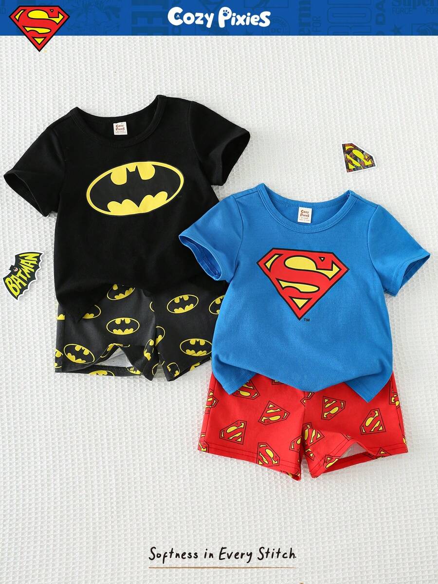 SUPERMAN X Cozy Pixies 4 قطع طقم ملابس علوية كم قصير رقبة طاقم وشورت خصر مطاطي بنمط طفل ولد ناعم المنسوج