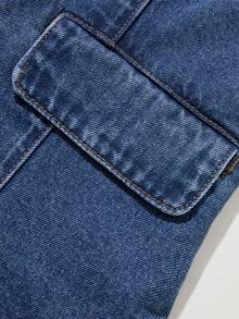 GlowEve 女士圆领单排扣无袖上衣和纽扣口袋牛仔短裤休闲套装 - 藍色 - 查看 5