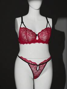 SHEIN 2pcs Plus Size Lace Patchwork Lingerie Set - Red - View 6