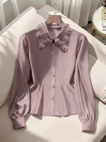 Modelyn 浅米色 3D 立体花卉领衬衫 / 竖条纹纹理泡泡袖优雅通勤上衣 - 藕粉色 - 查看 3