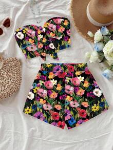 Soleia 女士印花抹胸上衣和短裤两件套，休闲夏季度假装 - 彩色 - 查看 1