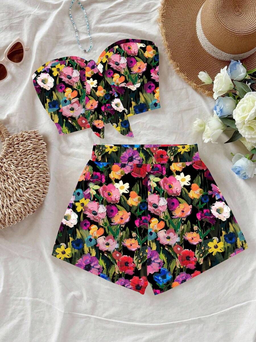 Soleia 女士印花抹胸上衣和短裤两件套，休闲夏季度假装 - 彩色 - 查看 1