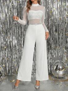 SHEIN Clasi Women's Elegant Party Sparkling Sexy Front Rhinestone Mesh Patchwork Long Sleeve Wide Leg Jumpsuit With Rhinestone Decor - White - View 3