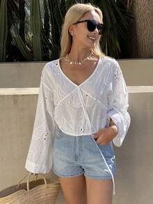 DAZY Women's Loose V-Neck Long Sleeve Textured Jacquard Fabric Cropped Casual Vacation Blouse, Spring/Summer - White - View 6