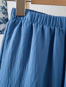 女童纹理面料短袖纽扣后背T恤和休闲长裤两件套 - 藍色 - 查看 7