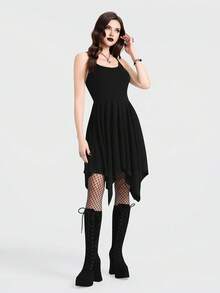 Breakform Women's Gothic Style Sexy Music Festival Adjustable Strap Asymmetrical Hem Fitted Long Dress - Black - View 3