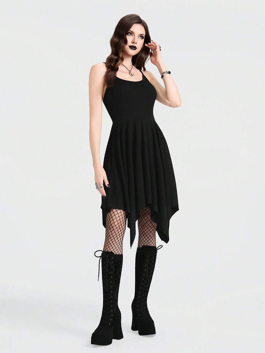 Breakform 女士哥特风性感可调节肩带不对称下摆修身长裙 - 黑色 - 查看 1
