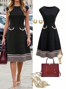 Ellevyn Women's Elegant Geometric Print Round Neck Dolman Sleeve Dress - Black and Gold - View 1