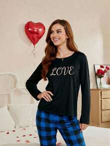 Set de pijama de 2 piezas con pantalón largo a cuadros: Pantalones de pijama a cuadros - Azul - Ver 3