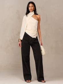 SHEIN BAE Elegant Chiffon Flowy Asymmetric Cold-Shoulder Top, Suitable For Elegant Top, Brunch Top, Wedding Guest Top, Summer Top, Apricot Top, Cream Top, Summer For Women, Going Out Top For Women, Summer Holidays, Casual Blouse For Women, Spring Top Women, Works For Women, Fashionable Top, Flowy Top, Casual Blouses For Women, Women's Cruise - Apricot - View 4