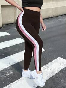 SHEIN EZwear Plus Size Chocolate Brown Contrast Color High Waist Leggings Brown Leggings Athletic Leggings Striped Leggings Brown Bottoms Women Women's Leggings - Chocolate Brown - View 1